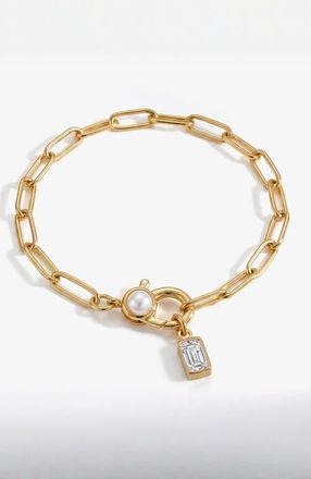 Mint & Lily Paperclip Bracelet with Pearl Accent with Dainty Baguette Birthstone Charm in April Diamond at Nordstrom, Size 8