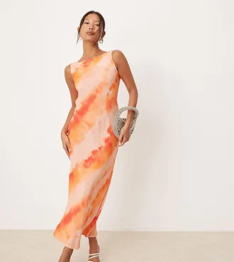 Miss Selfridge slash neck scoop back maxi dress in orange tie dye print