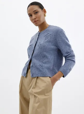 Contemporaine Womens Touch of wool embossed flowers Cardigan Sweater