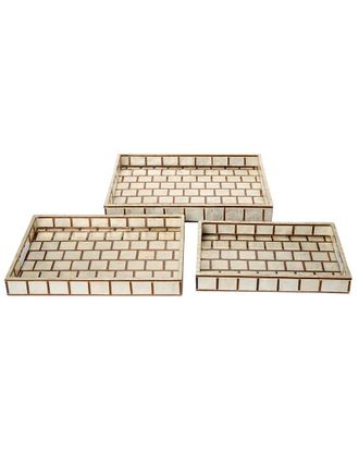 Tozai Home Home Set Of 3 Hand Inlaid Bamboo/Capiz Shell Rectangle Trays With Open Handles