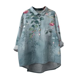 Generic Womens Long Sleeve Shirts Printed Tops Blouse 2024 Womens Cotton Linen Flower Print Lapel Shirt 2025 Muscle Fit Shirts for Women (Blue, L)