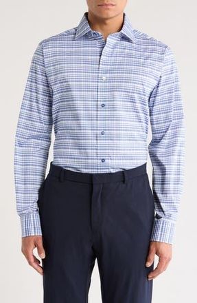 Lorenzo Uomo Trim Fit Plaid Cotton Blend Dress Shirt in Navy at Nordstrom Rack, Size 14.5 - 32