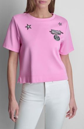 DKNY Pins & Patches Crop Cotton T-Shirt in Bright Peony at Nordstrom, Size Xx-Small