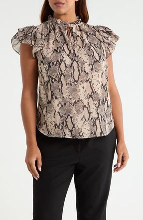 Anne Klein Ruffle Sleeve Faux Snakeskin Tie Neck Top in Natural Clay Mult at Nordstrom, Size 0X