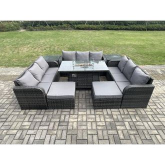 Fimous Outdoor Rattan Furniture Garden Dining Set Gas Fire Pit Table With 2 Side Tables Lounge Sofa 2 Big Footstool - Fimous