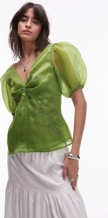 Topshop Embroidered Puff Sleeve Top in Medium Green at Nordstrom, Size 6 Us