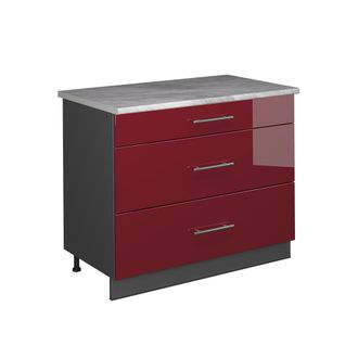 Vicco Mueble Bajo De Cocina Fame-line, Rojo Burdeos Alto Brillo/antracita, 100 Cm, Et M&aacute;rmol, Vicco