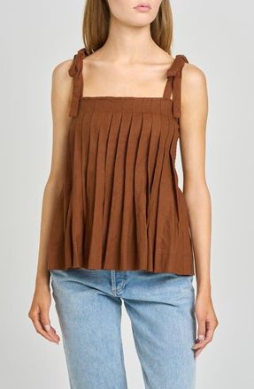 Wayf Stevie Pleated Tie Shoulder Babydoll Top in Chocolate at Nordstrom, Size X-Large