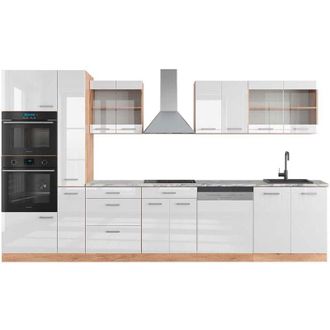 Vicco Mueble de cocina R-Line, Blanco brillo intenso/roble dorado, 350 cm con armario alto, et Mármol