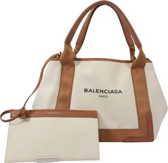Balenciaga Beige Brown Canvas Leather Pouch Tote Bag (Pre-Owned)
