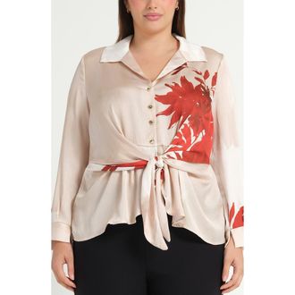 Estelle Maisie Floral Tie Front Button-Up Shirt in Natural/Rosa at Nordstrom, Size 16W