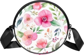 Generic Circle Crossbody Bag for Women, Floral Leaves Small Sling Bag Daypack with Zipper Adjustable Shoulder Straps Casual Ladies Girls Round Purse