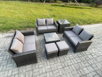 Fimous 7 PCS Outdoor Lounge Sofa Set Wicker PE Rattan Garden Furniture Set with Square Coffee Table Double Seat Sofa Side Table in Dark Grey