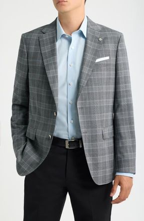 BOSS Hutson Slim Fit Light Blue Windowpane Check Slub Sport Coat in Grey/blue at Nordstrom, Size 42