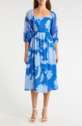 Sugarlips Seabloom Floral Amaretto Puff Shoulder Dress in Cobalt-Blue at Nordstrom, Size X-Large