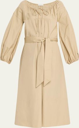 Vince Shirred Cotton Belted Tie-Neck Midi Dress