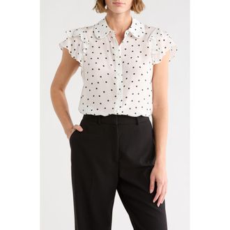 Alice & Olivia Ziggy Ruffle Sleeve Stretch Silk Button-Up Top in Cutie Polka Dot Antique White at Nordstrom Rack, Size X-Small