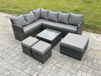 Fimous 9 Seater Outdoor Garden Furniture Set Wicker PE Rattan Corner Sofa Set with Square Coffee Table Footstools Dark Grey Mixed