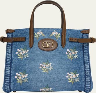 Valentino Garavani Antibes Small Floral-Embroidered Denim Tote Bag