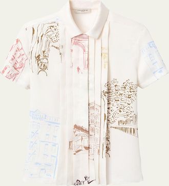Lafayette 148 New York Pleated Manhattan-Print Twill Shirt