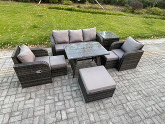 Fimous 8 Seater Rattan Wicker Garden Furniture Patio Conservatory Sofa Set with Oblong Dining Table Reclining Chair in Dark Grey