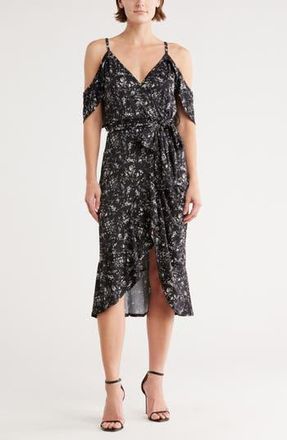 Go Couture Cold Shoulder Wrap Dress in Black White Lillies at Nordstrom Rack, Size X-Large