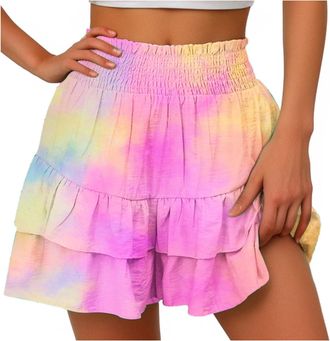 Generic Womens Ruffle Skirt High Waist Ruffle Skirt Shorts Layered Loose Summer Skorts Casual Short Skirts Elastic A-Line Flowy Half Slip Mini Beach Skirts Pa