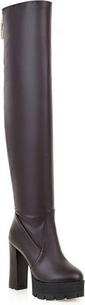 Generic Womens Chunky High Heel Platform Over The Knee Boots Round Toe Long Boots PU Leather Thigh High Boot with Zipper,Brown,6.5 UK