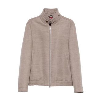 Brunello Cucinelli Light Jackets, male, Brown, XL, Brown Wool High-Neck Zip Jacket