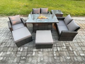 Fimous 7 Seater Rattan Outdoor Garden Furniture Gas Fire Pit Table Sets Gas Heater with Love Sofa Armchair 2 Big Footstool Side Table in Dark Grey