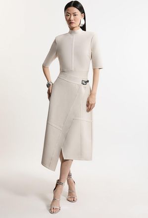 Karen Millen Womens Figure Form Bandage Asymmetric Knit Midi Dress - Beige - Size X-Small