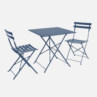 Sweeek Square 2-seater Folding Metal Bistro Garden Table With 2 Chairs in Blue