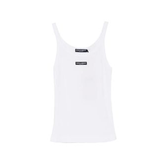 Dolce & Gabbana Sleeveless Tops, female, White, Size: M Logo Label Round Neck Sleeveless Top