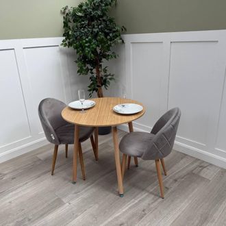 Life Interiors Lucia Dining Set Round Oak Table + 2 Velvet Dining Chairs in Grey
