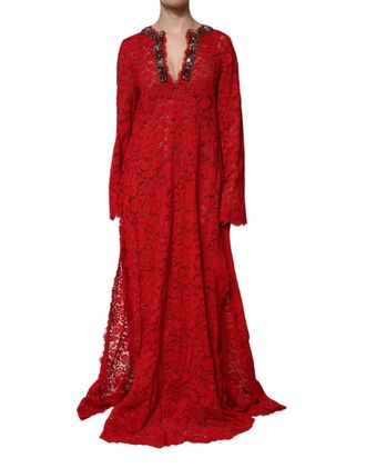 Dolce & Gabbana Womens Red Floral Lace Rhinestone Embellished Dress Cotton Viscose Nylon