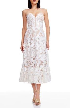 Dress The Population Carina Butterfly Appliqu&eacute; Strapless Cocktail Midi Dress in White-Beige at Nordstrom Rack, Size Xx-Small