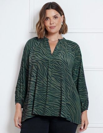 Live Unlimited London Womens Khaki Zebra Pleat Sleeve Blouse - Green - Size: 16
