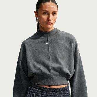 Nike Womens Studio Fleece Lightweight French Terry Oversized Cropped Pleated Crew in Grey | IM8397-071