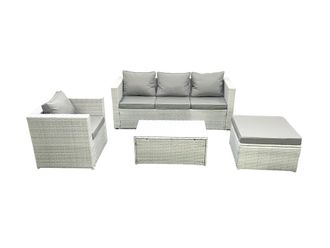 Fimous Rattan Garden Furniture Set with 3 Seater Sofa Chair Rectangular Coffee Table Big Footstool Light Grey Mixed 5 Seater