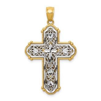 Diamond2Deal 14k Yellow Gold and White Rhodium Reversible Diamond-cut Filigree Cross Pendant