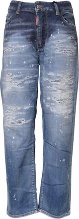 Dsquared2 Tattered Cotton Mid Waist Straight Denim Jeans - Dames - Loose Fit Jeans - Blauw - XS - Denim - Jeans