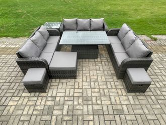 Fimous Garden Dining Sets Outdoor Rattan Furniture Sofa Height Adjustable Rising lifting Table Dark Grey Mixed