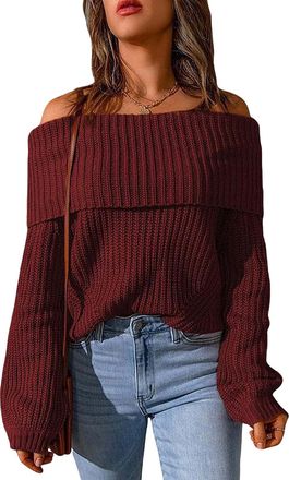 Generic Womens Off Shoulder Sweater, Long Sleeve Knitted Sweater Casual Loose Solid Warm Pullover Tops for Women (Wine Red,L)
