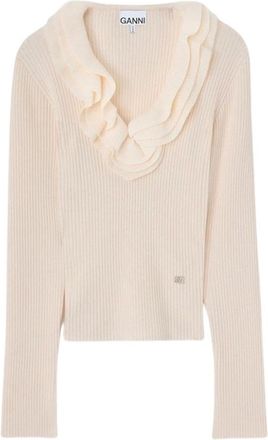 Ganni Ribbed Merino Frill Top - Dames - V-hals truien - Beige - M - Wol - Truien & Vesten