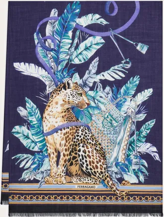 Ferragamo Women Feline print pure wool stole Blue