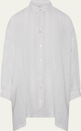 Eskandar Metallic Linen Wide A-Line Collarless Shirt - Long Plus Length
