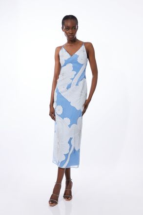 Karen Millen Womens Applique Organdie Satin Woven Midi Dress - Blue - Size 12 UK