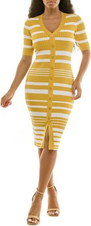 Nina Leonard V-Neck Elbow-Length Sleeve Rib Dress in Mustard/White at Nordstrom Rack, Size X-Large