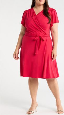 Loveappella Flutter Sleeve Faux Wrap Jersey Dress in Red at Nordstrom, Size 1X