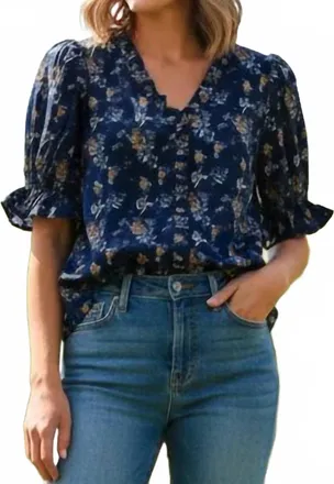 She + Sky Ruffle And Roll Print Top In Navy